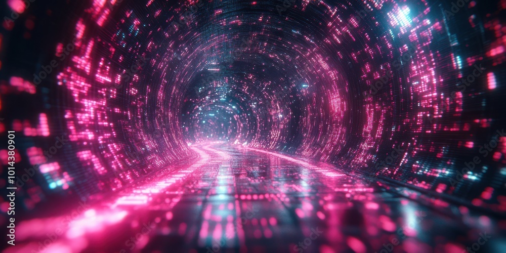Obraz premium Abstract digital tunnel with vibrant pink and blue lights, creating a futuristic and surreal visual experience