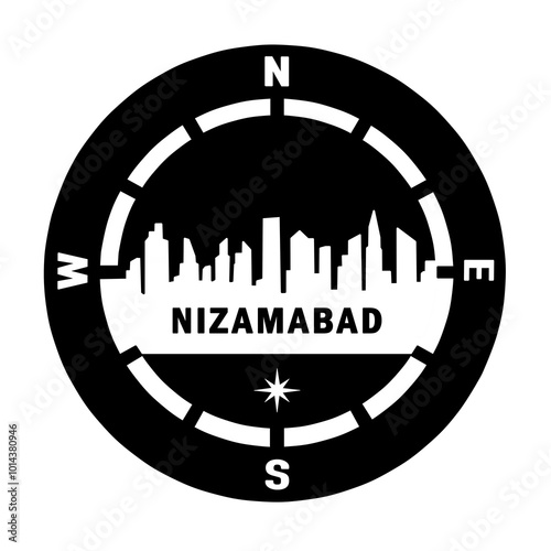 The laconic image of the city is framed by a circle and the cardinal points. City of Nizamabad photo