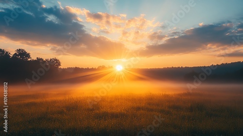 Sunrise over a misty meadow with sun rays breaking through the clouds.