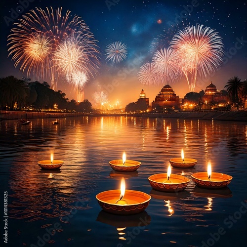 A serene illustration of floating diyas on the river with reflections of fireworks illuminating the water during Diwali night. photo