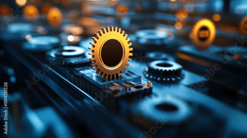 3D conceptual image of a golden gear with the number 108 standing out among other gears on a circuit-like surface, suggesting innovation or technology excellence.