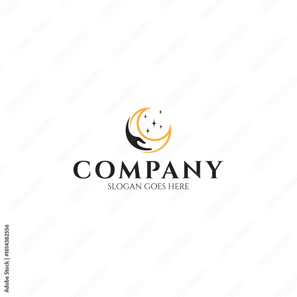 Minimalist logo of hand holding a crescent moon with star elements Minimalist logo of hand holding a crescent moon with star elements