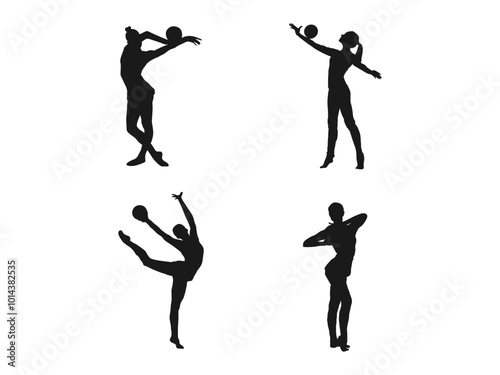 Set single silhouettes of women's sports. Basketball, calisthenics, gymnastics. Quality black and white vector silhouettes. Silhouette of a gymnast with the ball isolated on a white background.