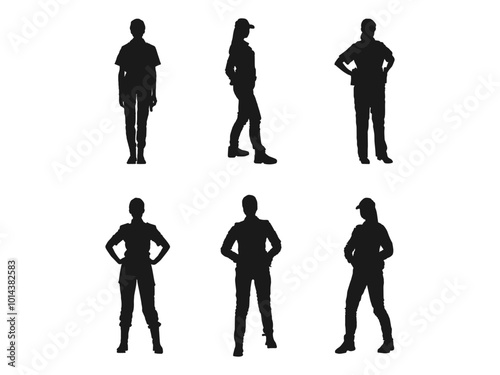 set of female cop in different poses. police officer with gun. beautiful policewoman with handcuffs. black and white vector. Silhouette of a Lady Police Officer isolated on a white background.