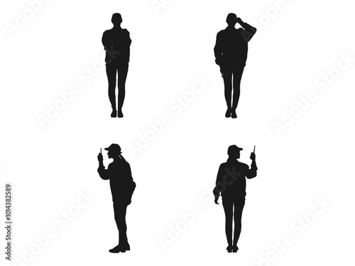 set of female cop in different poses. police officer with gun. beautiful policewoman with handcuffs. black and white vector. Silhouette of a Lady Police Officer isolated on a white background.