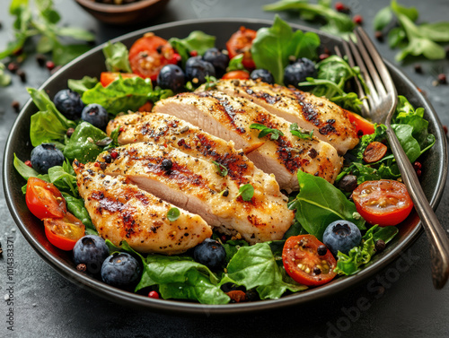 Grilled chicken with green salad and berries. AI generative.