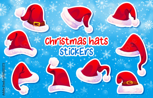 Cartoon Christmas Santa hats stickers pack. Cartoon vector red caps decorations with white fur and snowflakes around. Festive headdress accessory for xmas holiday celebration and winter festivities