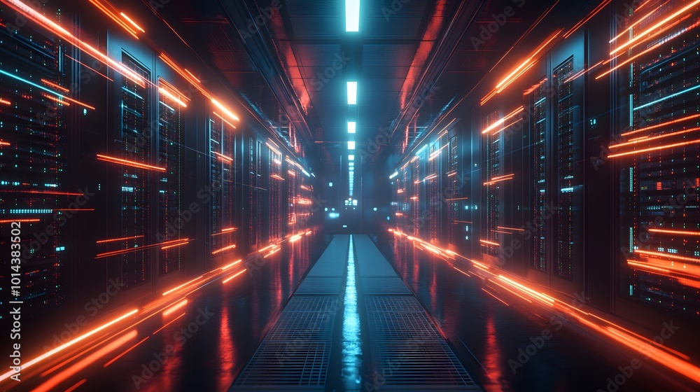 technological background on servers in data center, futuristic design. Server room represented by several server racks with strong dramatic light. technological background on servers in data center, futuristic design. Server room represented by several server racks with strong dramatic light.
