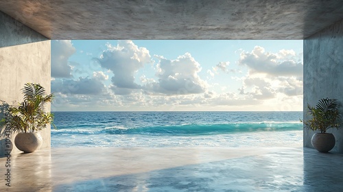 Modern 3D Render of Concrete Room with Ocean View