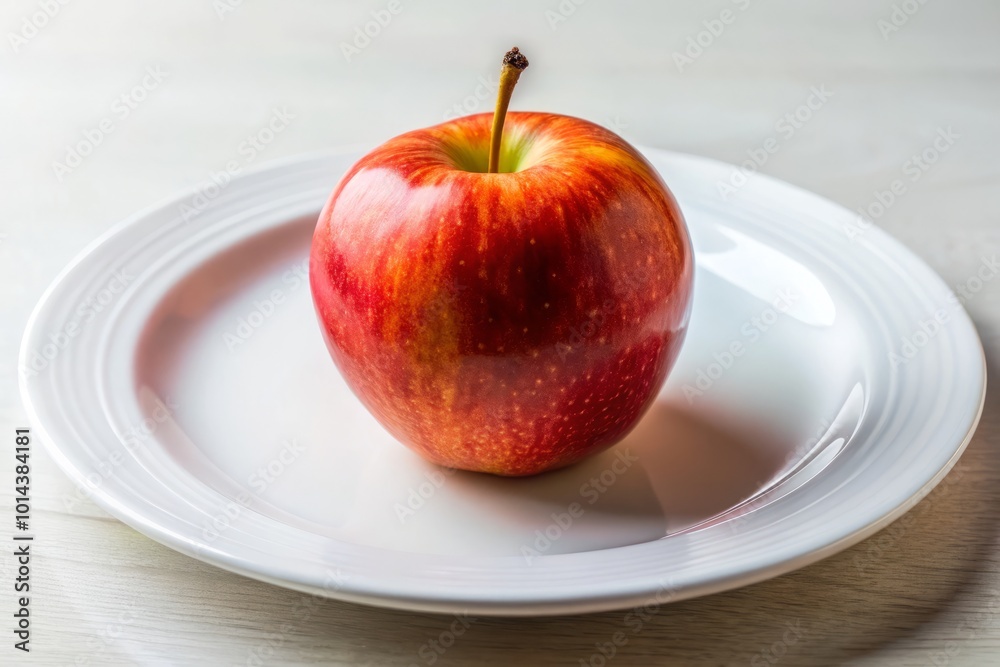 A fresh red apple rests elegantly on a pure white plate, placed on a luminous white table, showcasing A fresh red apple rests elegantly on a pure white plate, placed on a luminous white table, showcasing