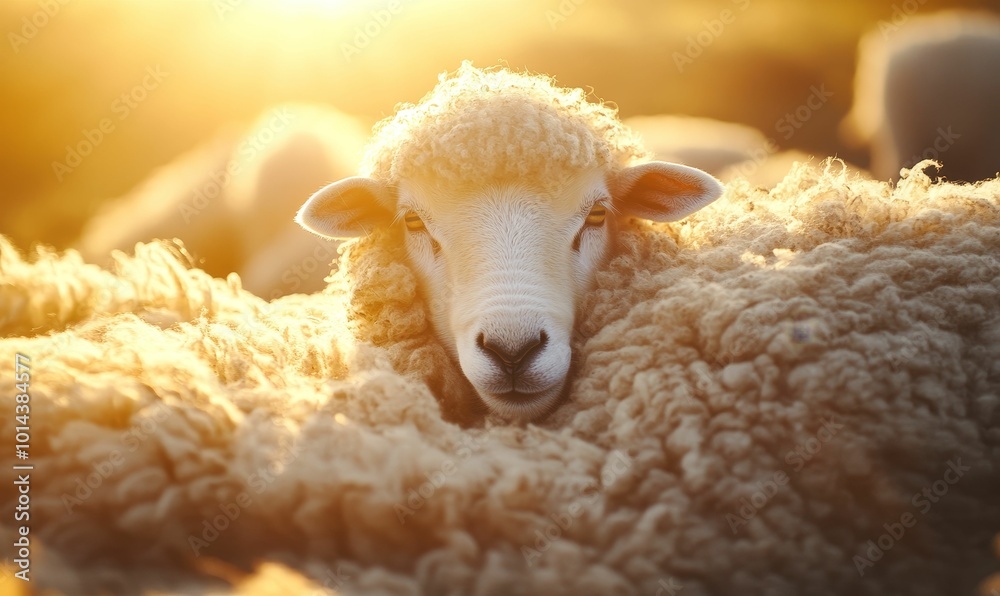 Naklejka premium A sheep in the field at sunset.