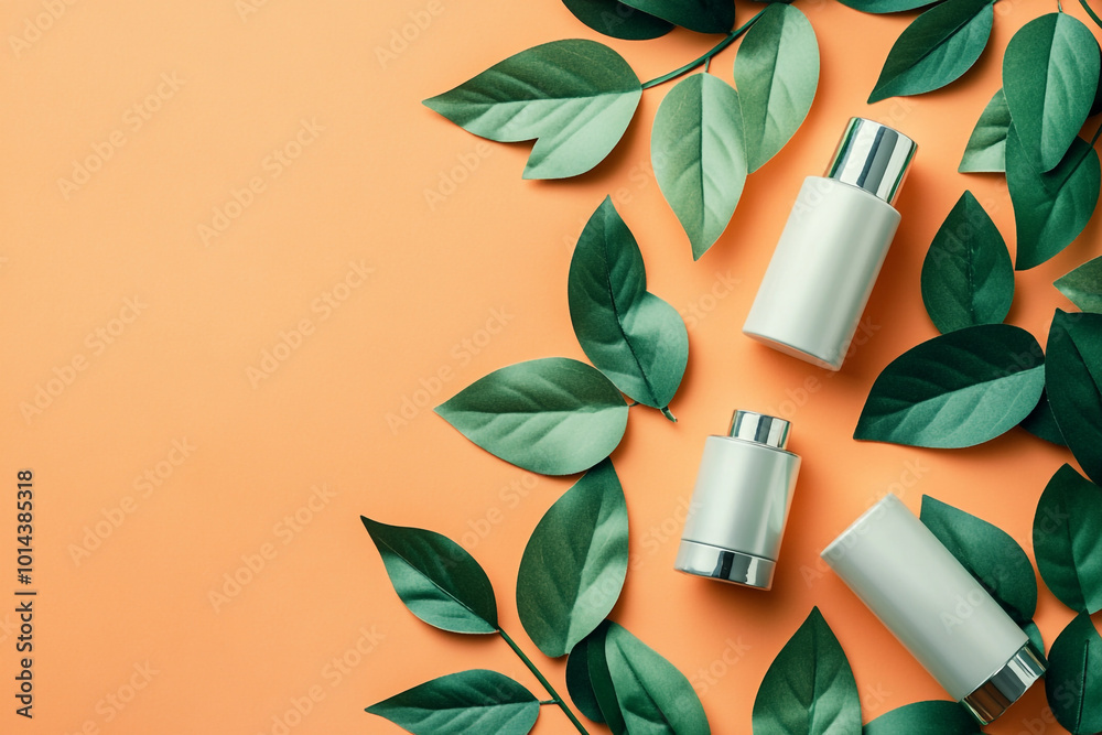 Flat lay of white skincare bottles with metallic accents, surrounded by green leaves on an orange background. Flat lay of white skincare bottles with metallic accents, surrounded by green leaves on an orange background.