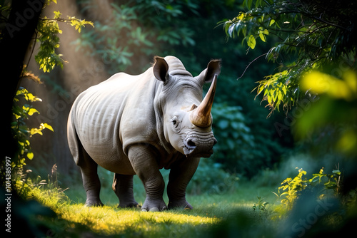A high-detail render of an endangered Rhino  in its natural habitat,