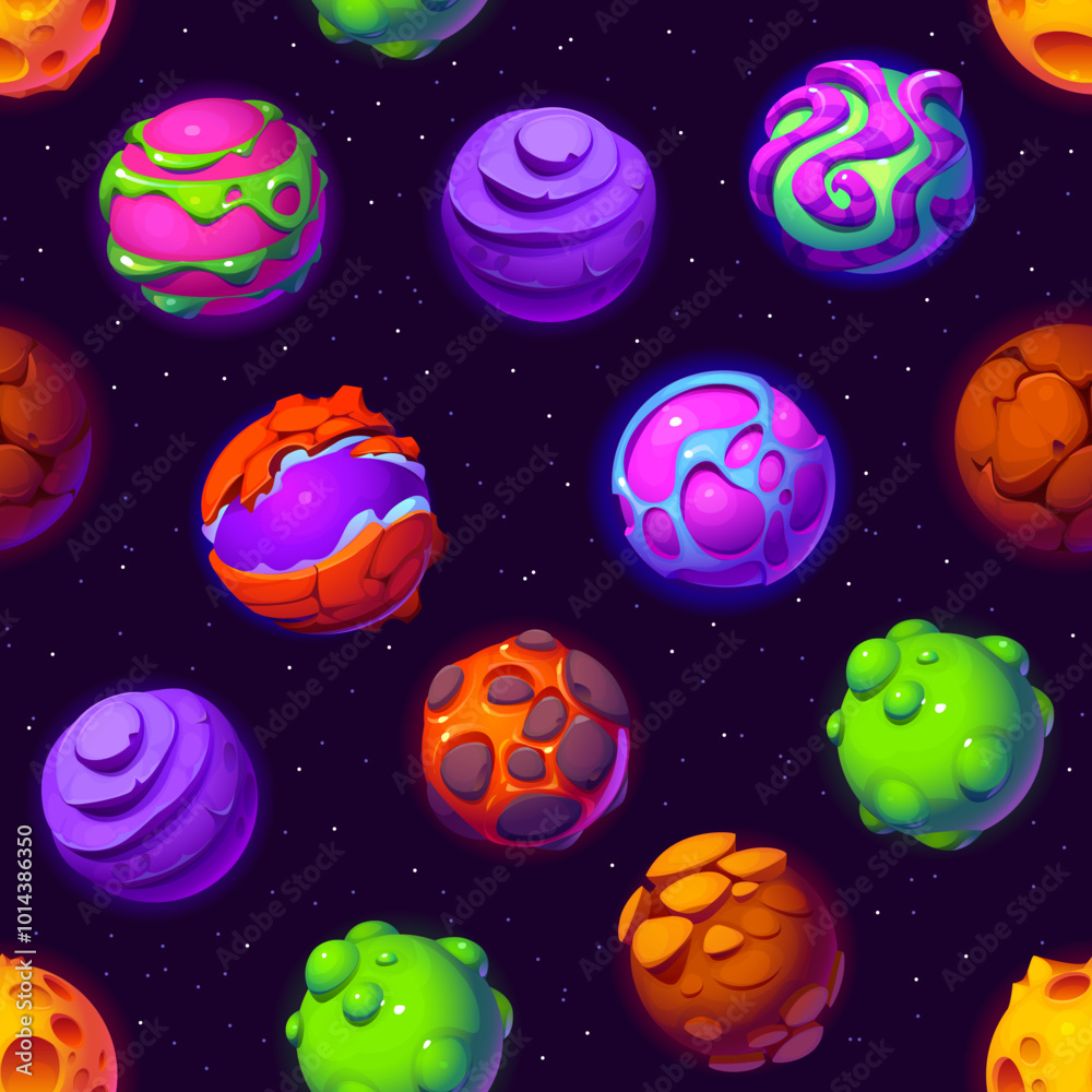 Fototapeta premium Cartoon fantasy galaxy and alien space planets seamless pattern, vector background. Mysterious alien planets pattern with red and pink rocks or blue and green lava terrain landscape in space galaxy