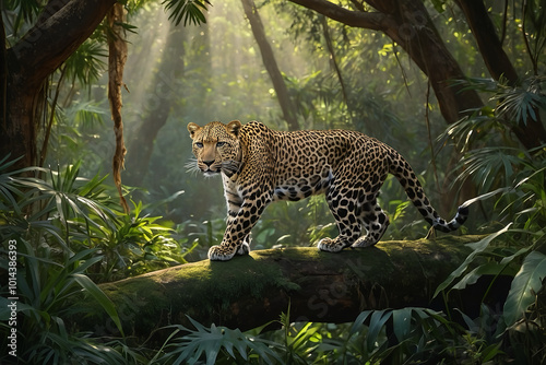 A high-detail render of an endangered leopard in its natural habitat, photo