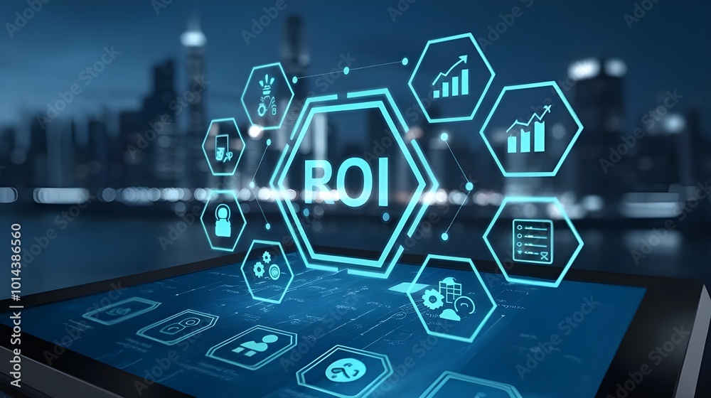 Touch screen displaying the concept of ROI (Return on Investment) with various financial icons, business concepts, business technology, ROI calculation Touch screen displaying the concept of ROI (Return on Investment) with various financial icons, business concepts, business technology, ROI calculation