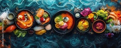 Aerial view of a vibrant underwater world, colorful fish swimming around exquisite dishes, macro photography captures details