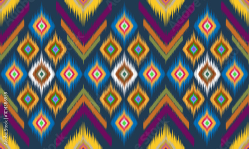 Ikat fabric on abstract blue background. Traditional ethnic geometric pattern. Design for textile, clothing, apparel, packaging.