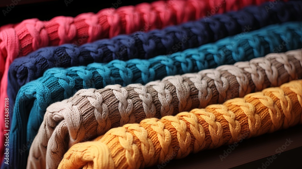 Obraz premium A stack of colorful knitted fabrics with intricate cable knit patterns, showcasing the cozy textures of handmade warmth
