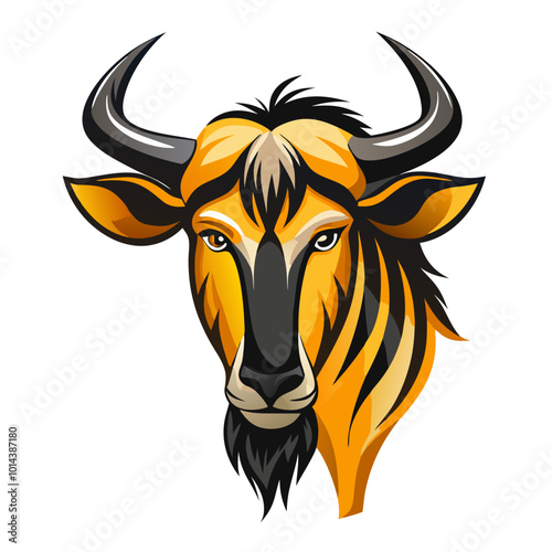 Majestic Wildebeest Head: A striking vector illustration of a wildebeest's head, showcasing its powerful horns and intense gaze. The vibrant orange and black hues create a captivating image.