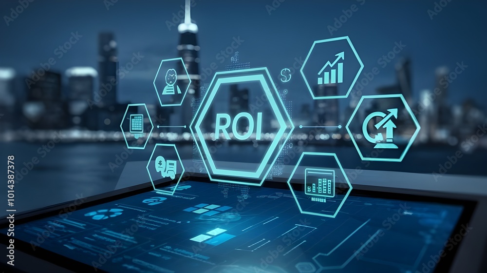 Touch screen displaying the concept of ROI (Return on Investment) with various financial icons, business concepts, business technology, ROI calculation