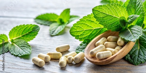 Healphy life concept  mint leaves and pills AI Generative photo