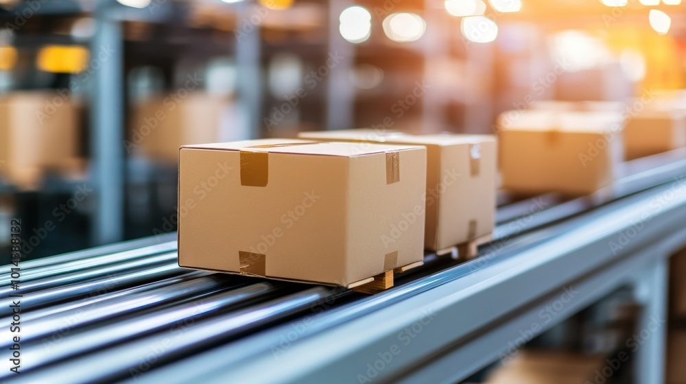 A conveyor belt transporting cardboard boxes in a warehouse setting. A conveyor belt transporting cardboard boxes in a warehouse setting.