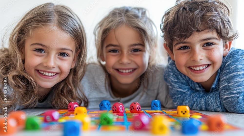 Three children smiling while playing a board game together. Three children smiling while playing a board game together.