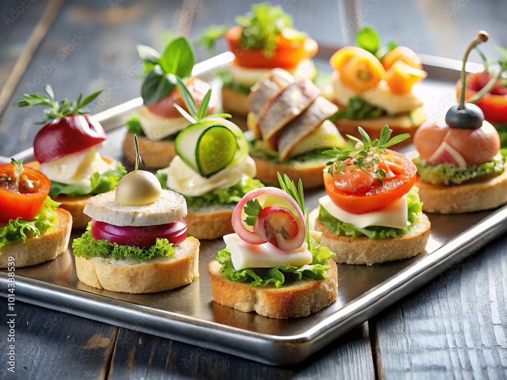 Artfully arranged gourmet canape sandwiches on a stylish restaurant tray, highlighting an enticing selection of Artfully arranged gourmet canape sandwiches on a stylish restaurant tray, highlighting an enticing selection of
