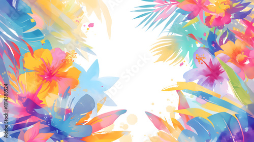 Beautiful artistic background with gentle tropical foliage leaves and flowers watercolor textured  illustration over white background. Copy space for text photo