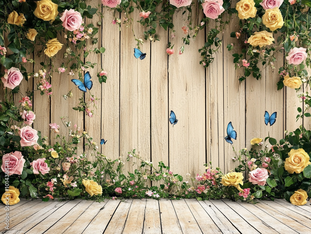Naklejka premium Wooden floor, wall with flowers and blue butterflies flying between them.