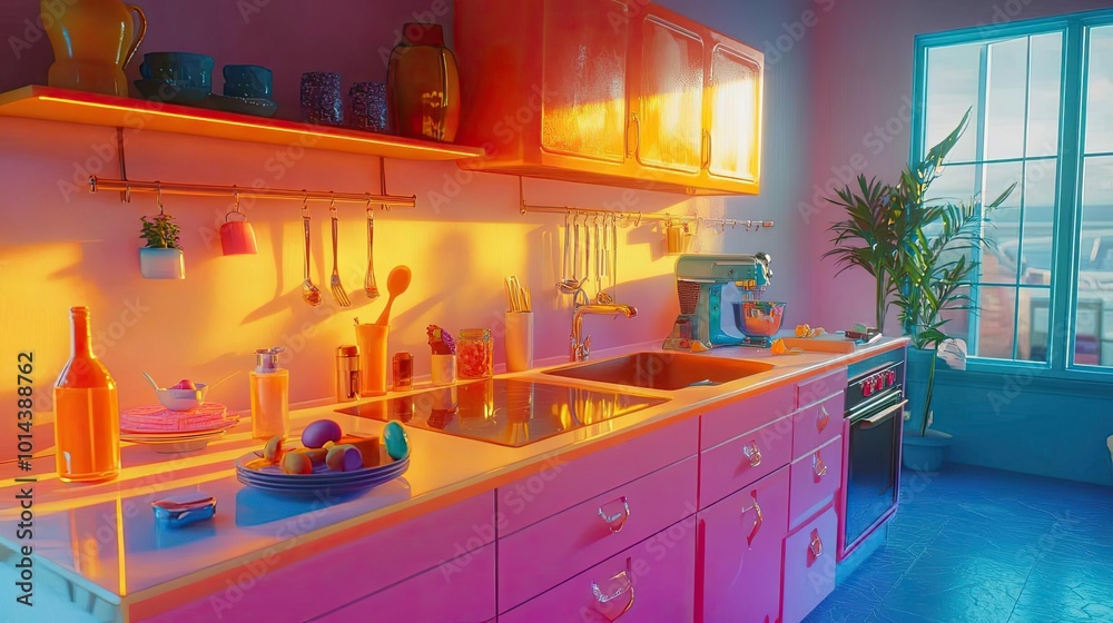 Fototapeta premium High-angle view of a surreal kitchen, futuristic tech blending with vibrant culinary creations, dazzling colors and textures, dreamlike atmosphere, innovative gadgets at play