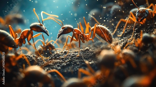 High-angle view of a bustling ant colony, tiny workers on intricate paths, stunning close-up details, macro photography photo