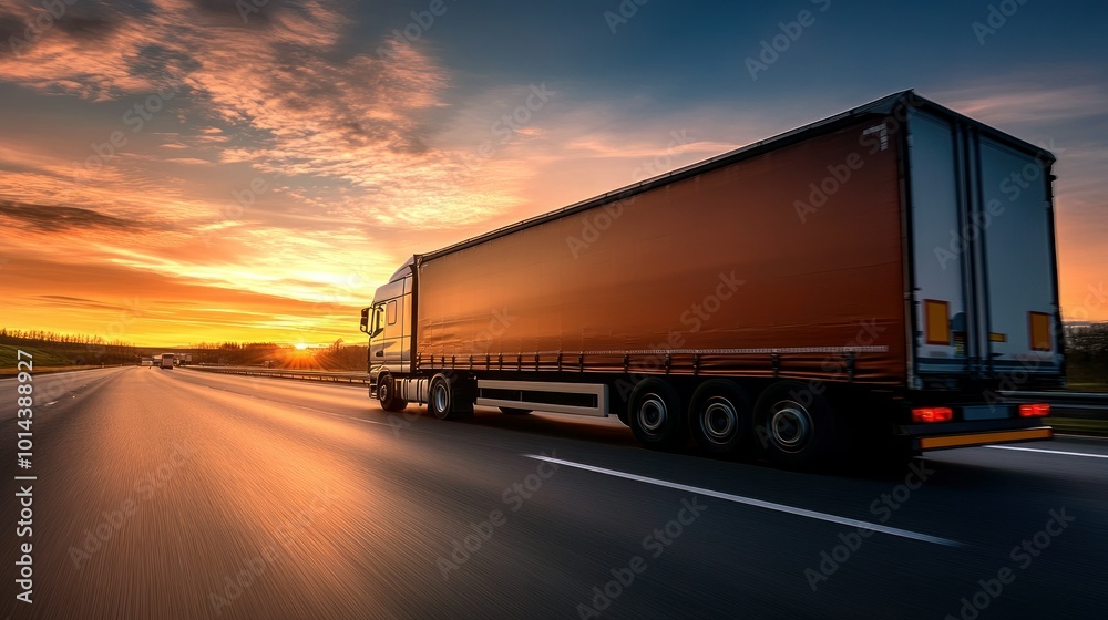 A truck drives on a highway during a vibrant sunset, showcasing transport and travel. A truck drives on a highway during a vibrant sunset, showcasing transport and travel.