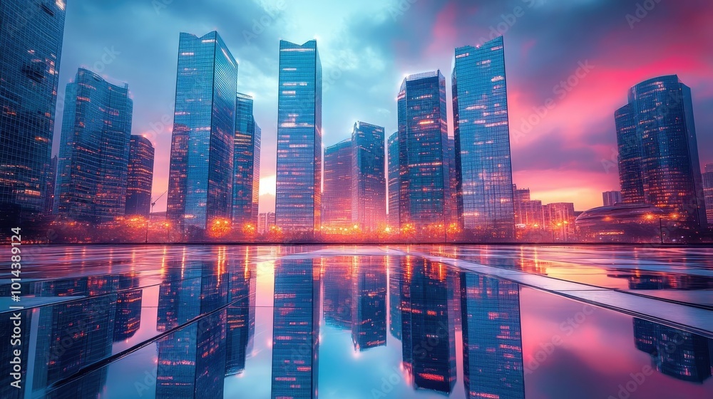 Low-angle view of a futuristic cityscape at dusk, vibrant lights reflecting, unique architectural designs, cinematic feel Low-angle view of a futuristic cityscape at dusk, vibrant lights reflecting, unique architectural designs, cinematic feel