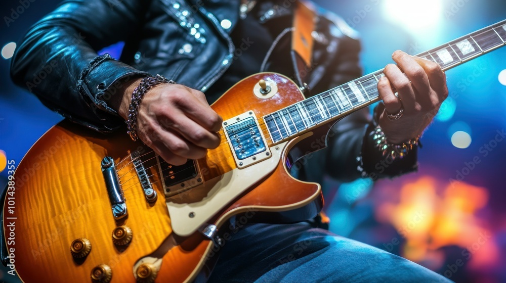 Obraz premium A guitarist passionately playing an electric guitar on stage during a live performance.