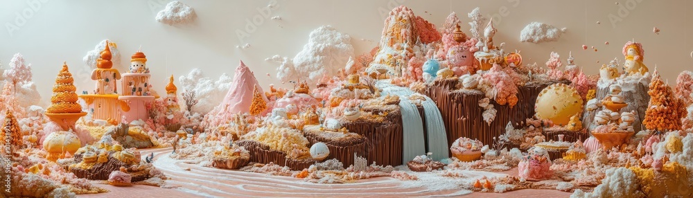 Low-angle view of an enormous pastry mountain, rivers of chocolate cascading down, mystical creatures savoring surreal dishes Low-angle view of an enormous pastry mountain, rivers of chocolate cascading down, mystical creatures savoring surreal dishes
