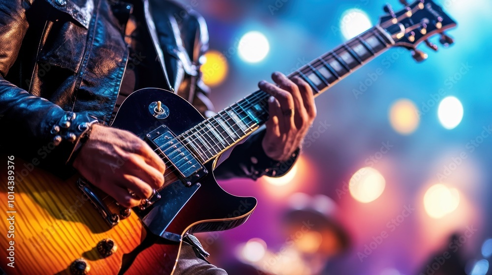 Obraz premium A guitarist performs on stage, showcasing skill and passion with vibrant lights in the background.