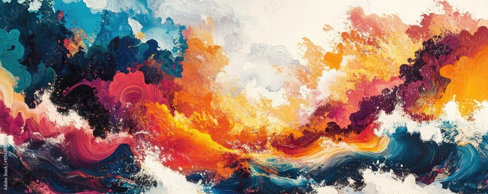 Low-angle view of vibrant abstract art merging with surreal landscapes, colors exploding into the sky, capturing imagination Low-angle view of vibrant abstract art merging with surreal landscapes, colors exploding into the sky, capturing imagination