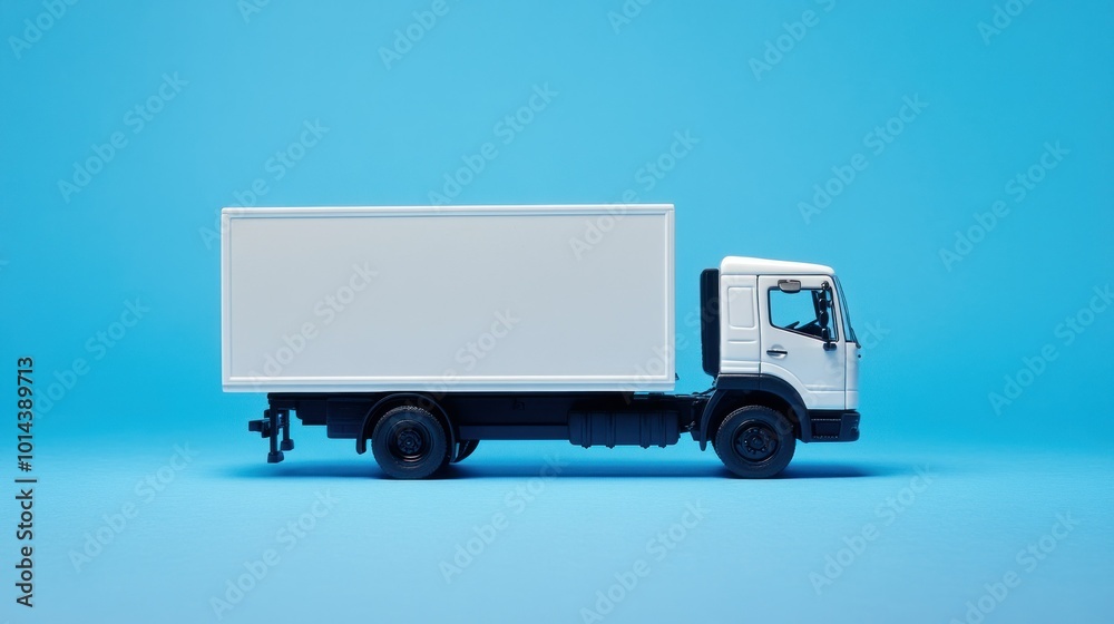 A side view of a white delivery truck on a blue background, showcasing its design and purpose. A side view of a white delivery truck on a blue background, showcasing its design and purpose.