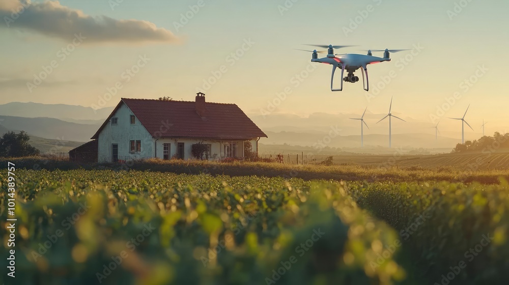Fototapeta premium Rear view of a quaint farmhouse with wind turbines in the background, drones monitoring crops, harmonious blend of tradition and tech