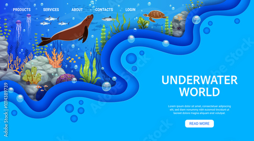 Landing page template with underwater landscape and paper cut waves inviting to explore vibrant marine life with seal, jellyfish, fish shoal and turtle. Vector web banner with ocean animals and flora