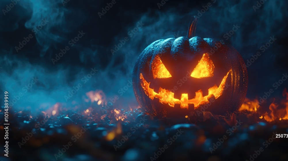 Halloween Pumpkin in a Mysterious Nighttime Forest Halloween Pumpkin in a Mysterious Nighttime Forest