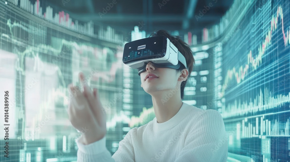 A person wearing a VR headset, engaging with digital data in a futuristic environment. A person wearing a VR headset, engaging with digital data in a futuristic environment.