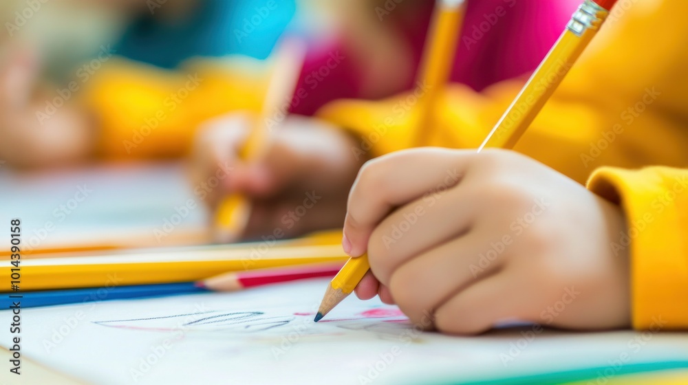 Children drawing with colored pencils in a creative classroom setting. Children drawing with colored pencils in a creative classroom setting.