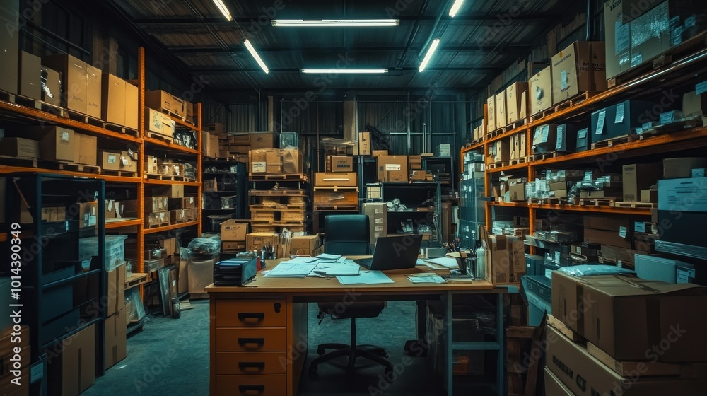 A cluttered warehouse filled with boxes and a desk, suggesting a busy storage environment. A cluttered warehouse filled with boxes and a desk, suggesting a busy storage environment.