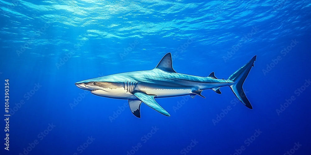 A lone shark swims in the open ocean with a blue background. A lone shark swims in the open ocean with a blue background.