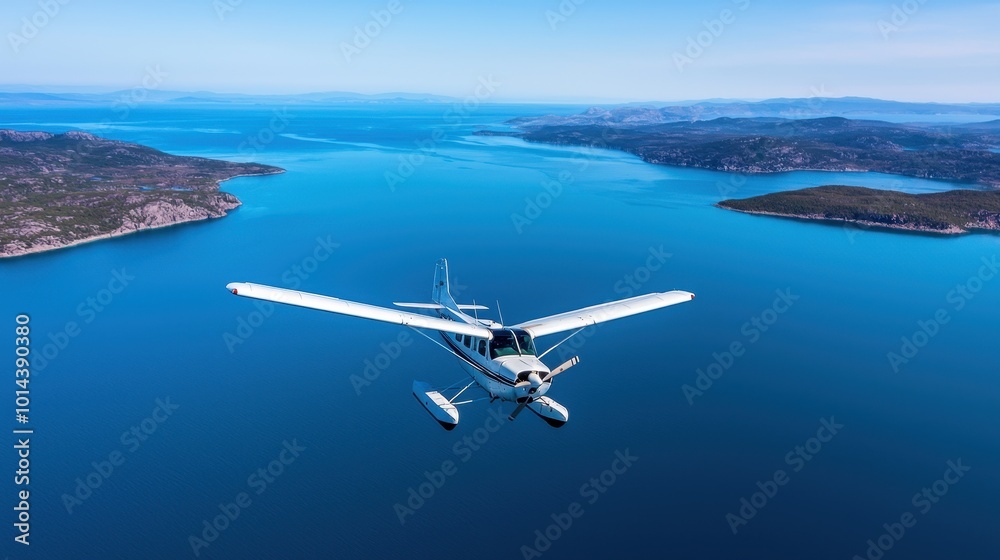 Naklejka premium Aerial view of a small airplane flying above a tranquil blue sea and islands.