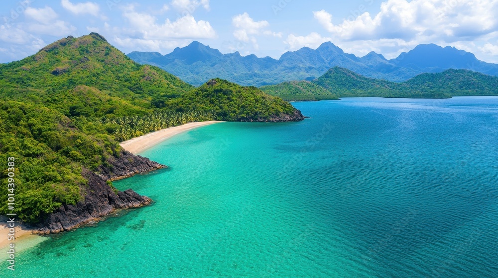 Aerial view of a pristine tropical beach surrounded by lush green mountains and clear blue water. Aerial view of a pristine tropical beach surrounded by lush green mountains and clear blue water.