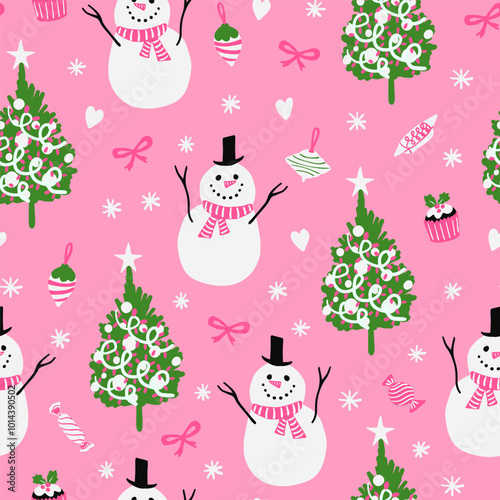 Happy snowman, Christmas tree, candies, bows, snowflakes, bows seamless pattern. Holiday season cute cozy pattern for textile, paper design.